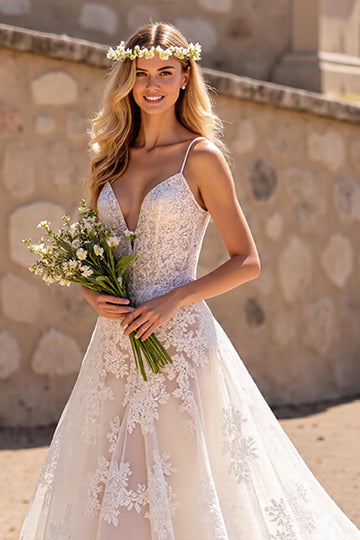 A Line Ivory Appliqued Long Wedding Dress
